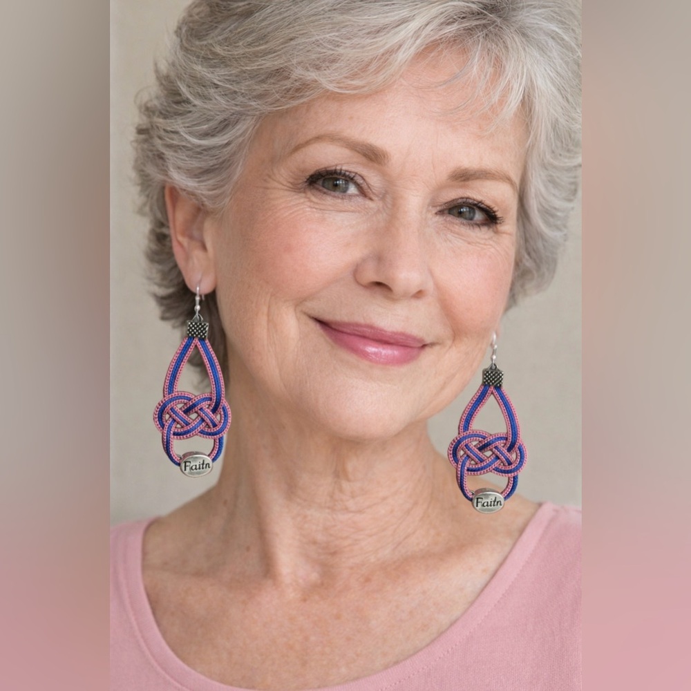 Handcrafted Pink and Blue Celtic Knot Earrings with Silver Faith Accents